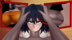 Interracial Milf Ryuko Matoi saugt großen Schwanz im Hentai -Spiel